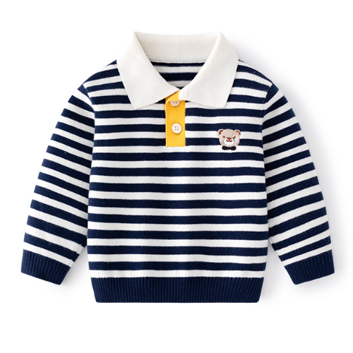 Toddler Boy/Girl Cute Bear Print Polo Collar Striped Long Sleeve Sweatshirt-kissminis