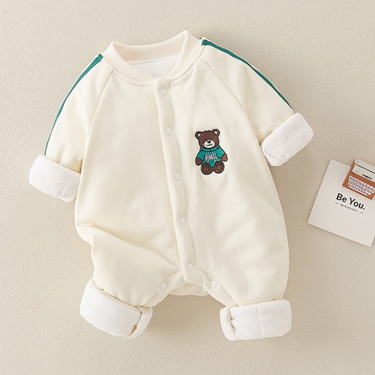 Baby Boy Bear Winter Embroidery Long Sleeve Crewneck Romper-kissminis