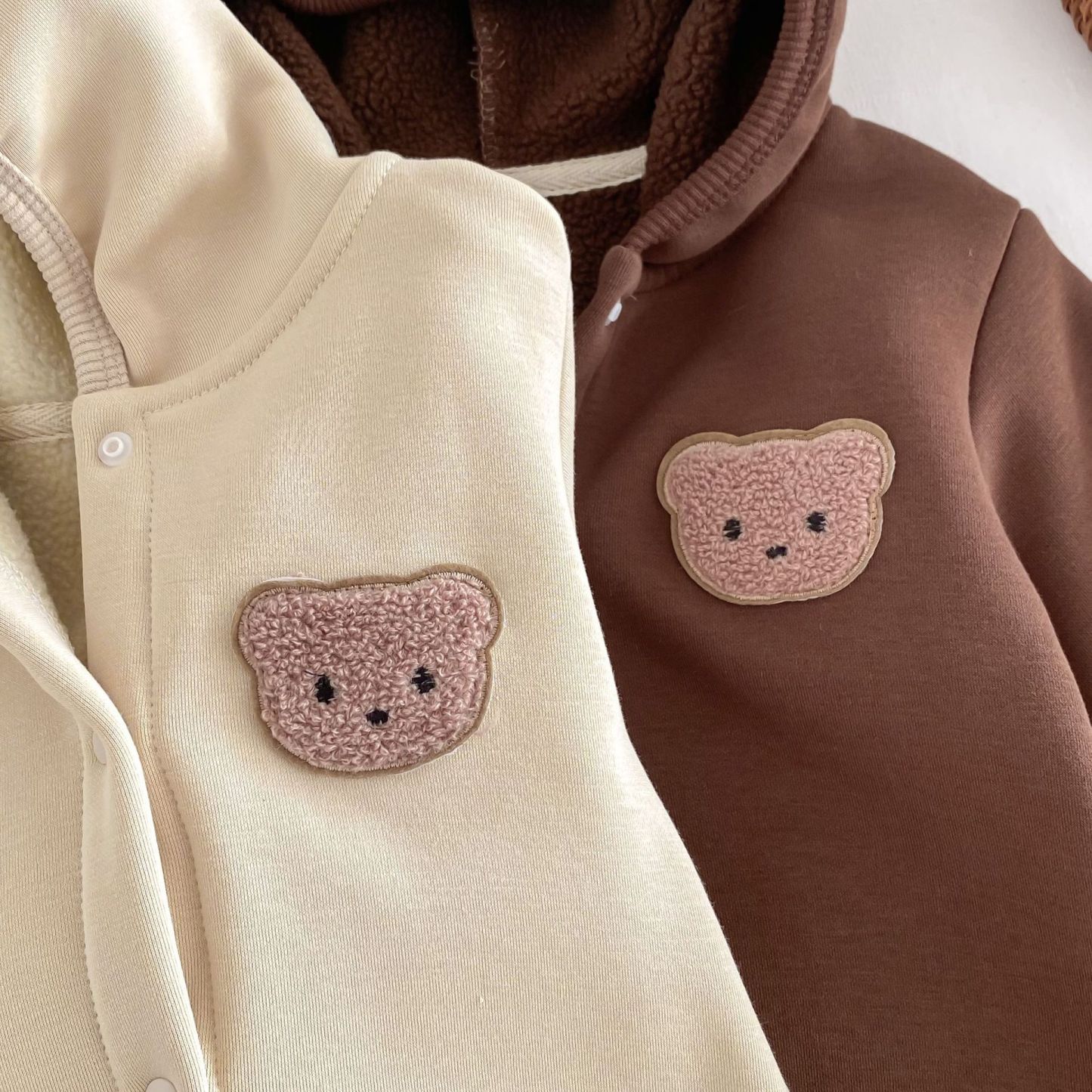 Baby Boy/Girl Bear Design Animal Graphic Simple Hooded Solid Color Long Sleeve Hooded Romper-kissminis