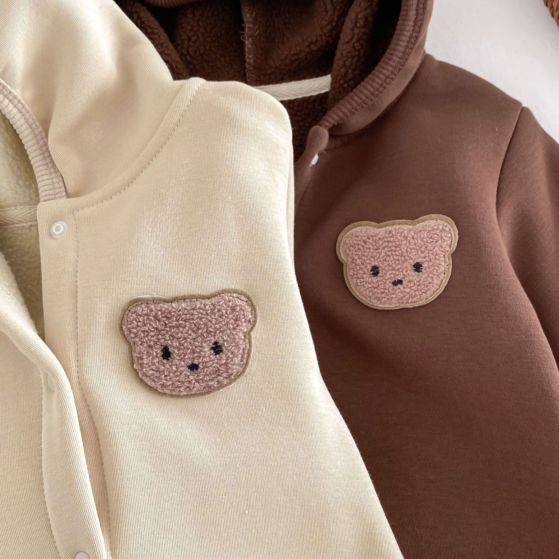 Baby Boy/Girl Bear Design Animal Graphic Simple Hooded Solid Color Long Sleeve Hooded Romper-kissminis