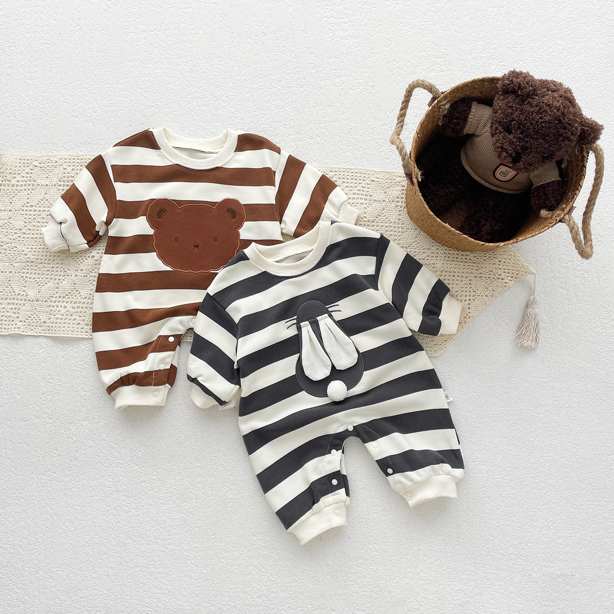 Baby Boy/Girl 95% Cotton Cute Bear Rabbit Graphic Stripe Long Sleeve Romper-kissminis