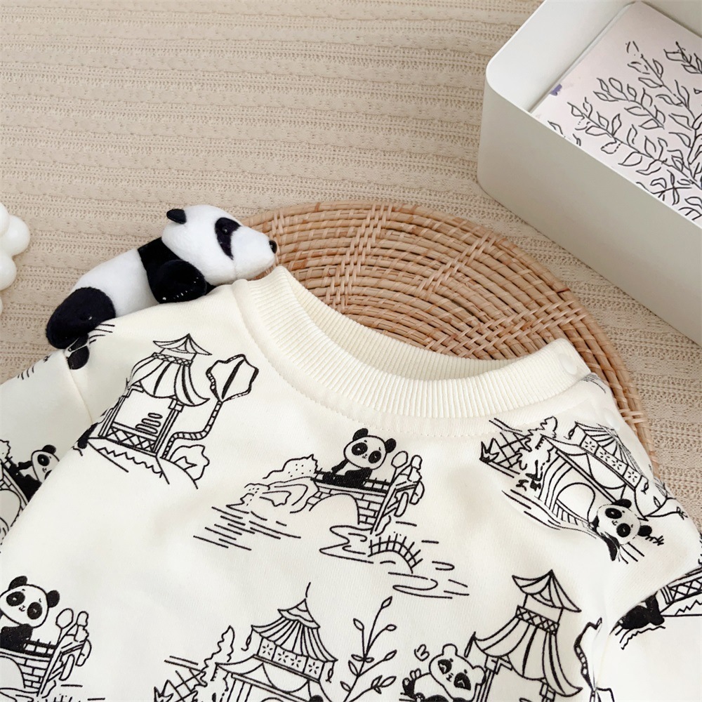 Baby Boy/Girl Panda Doll and Print Long Sleeve Sweatshirt with Pants Set-kissminis