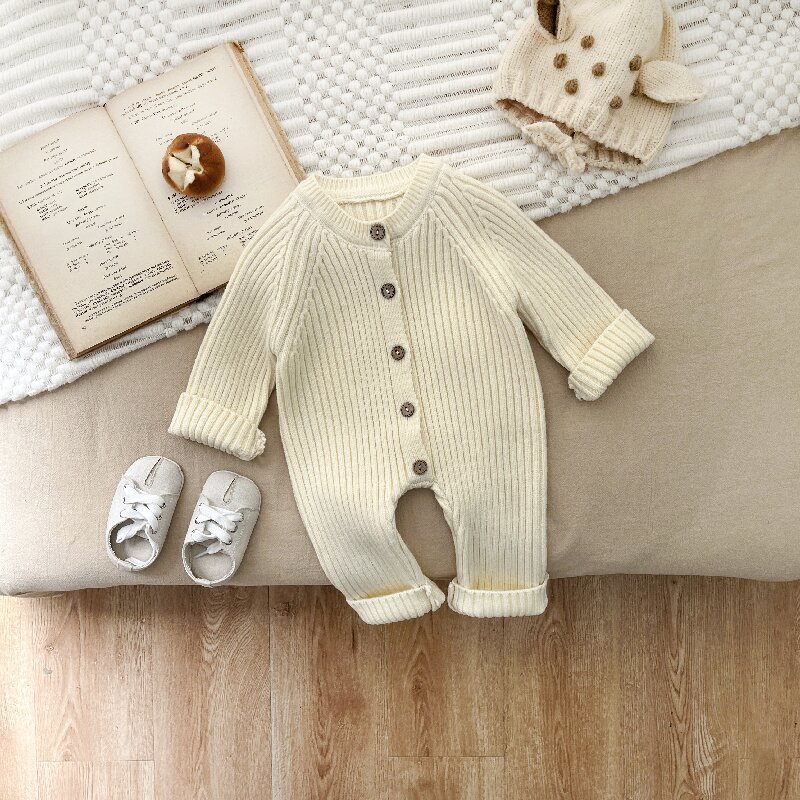 Baby Boy/Girl Solid Color Knitted Single Breasted Long Sleeve Romper-kissminis