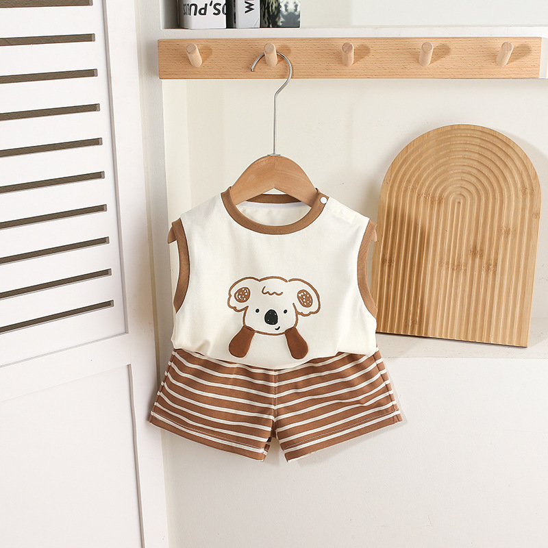 Sleeveless White Top with Koala Print and Brown Striped Shorts Set