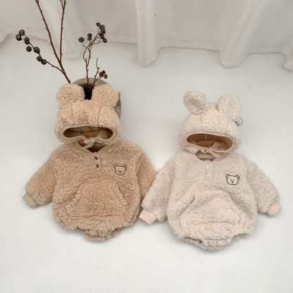2pcs Winter Baby Boy/Girl Cute Bear Design Fluff Long Sleeve Romper with Hat Set-kissminis