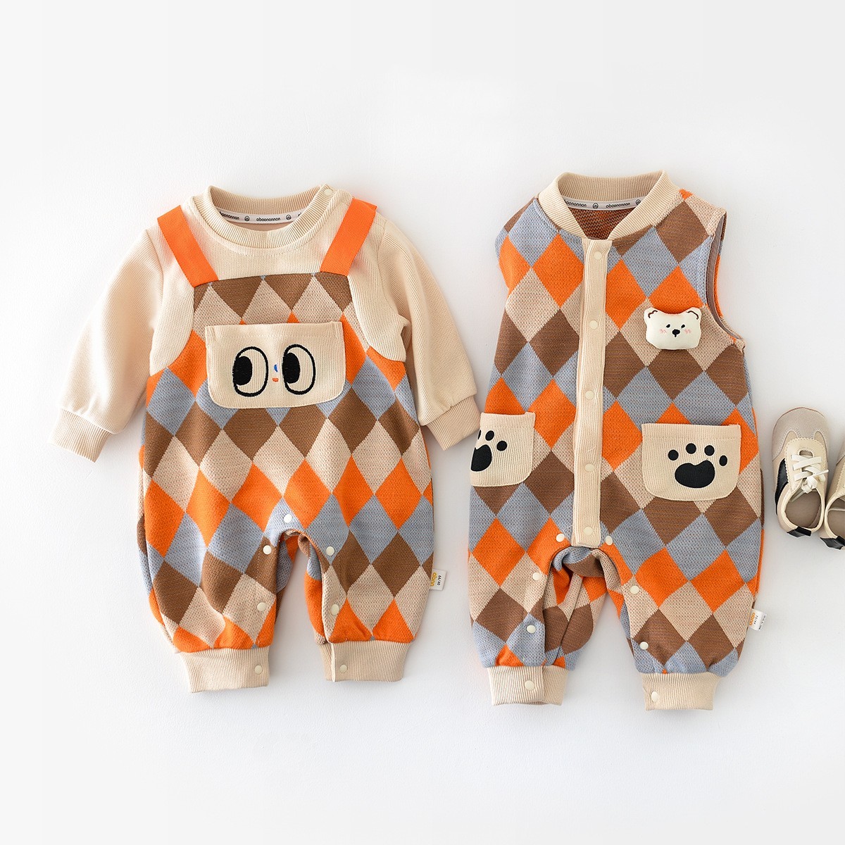 Baby Boy/Girl Little Bear Ginghem Sleeveless/Long Sleeve Romper-kissminis