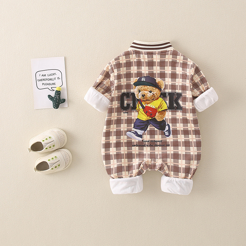 Baby Boy/Girl Gingham Bear Graphic Pocket Patch Long Sleeve Romper-kissminis