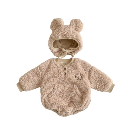2pcs Winter Baby Boy/Girl Cute Bear Design Fluff Long Sleeve Romper with Hat Set-kissminis