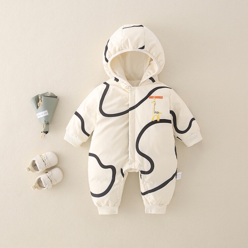 Baby Boy/Girl Winter White Duck Down Striped Giraffe Pattern Hooded Romper-kissminis