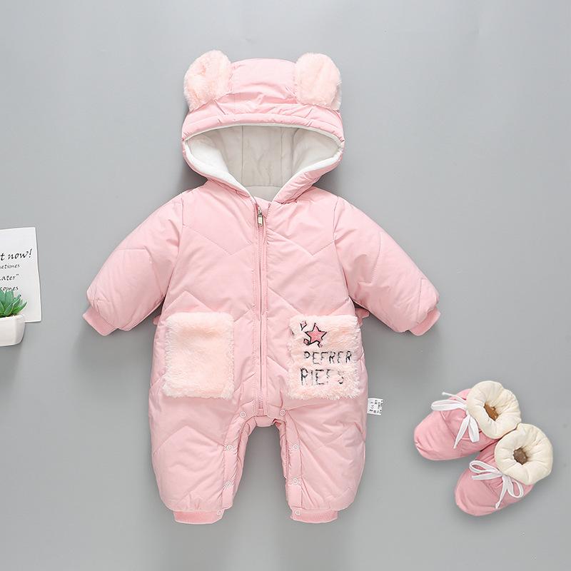 2pcs Baby Boy/Girl Winter Thicken Cartoon Graphic Bear Ear Design Hooded Romper with Shoes Set-kissminis