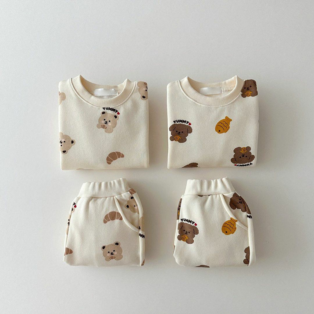 2pcs Baby Boy/Girl Allover Cartoon Bear and Dog Print T-shirt and Pants Set-kissminis