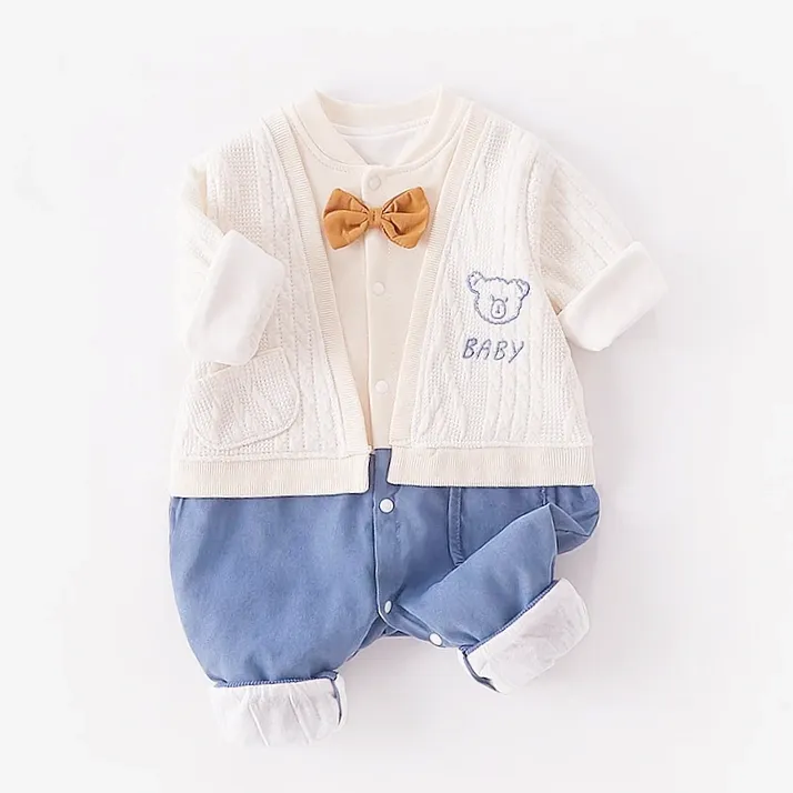 Baby Boy/Girl 95% Cotton Fake Two Pieces Cute Bear Pattern Long Sleeve Romper-kissminis