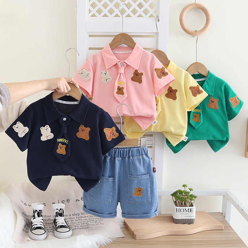 2pcs Bear Embroidery and Tie Detail Denim Shorts Set
