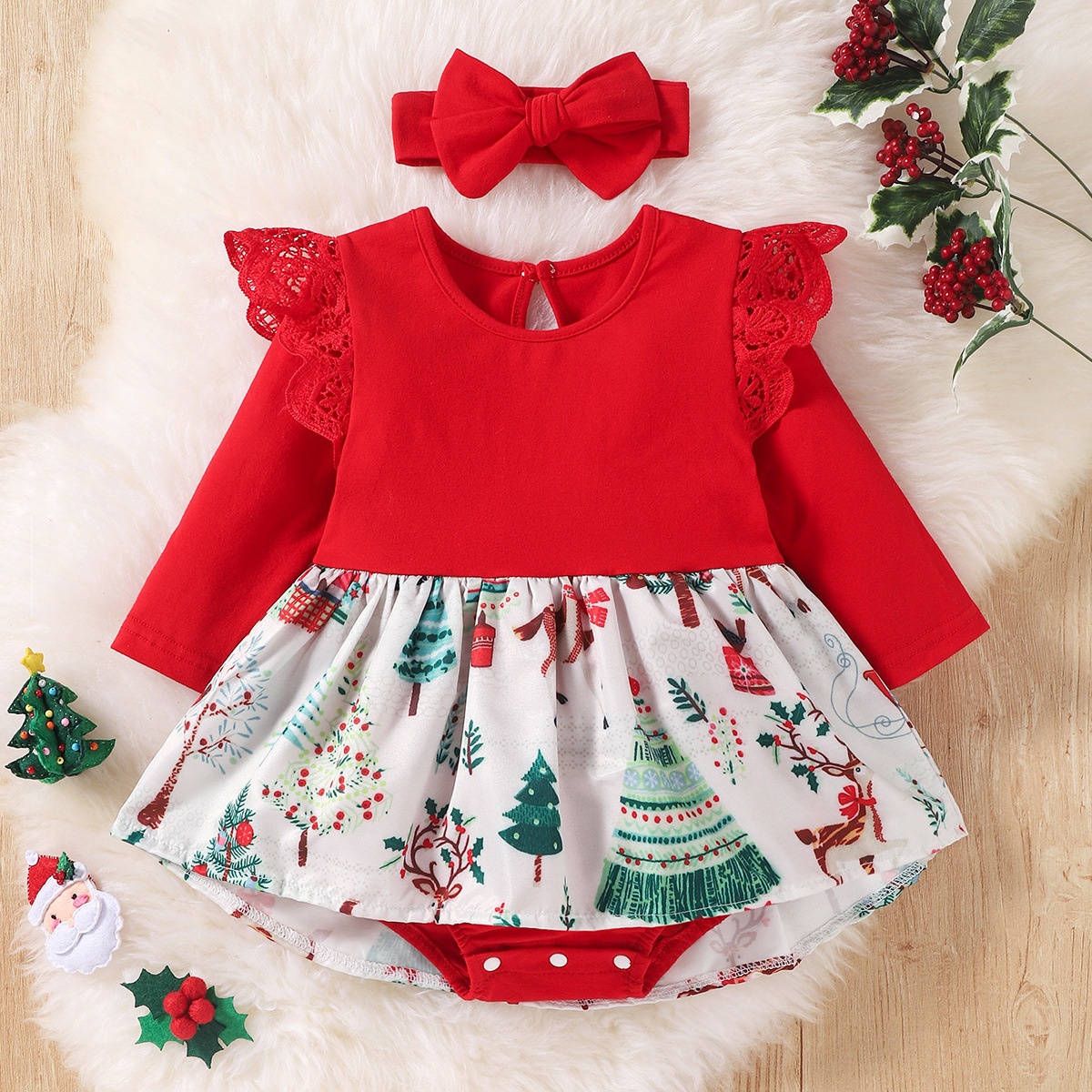 2pcs Baby Girl Christmas Cartoon Lace Long Sleeve Romper with Hair Band Set-kissminis