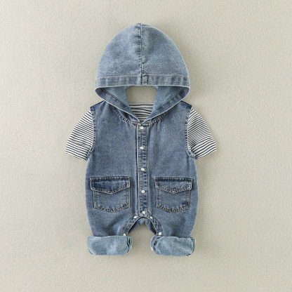 2pcs Baby Boy Sleeveless Hooded Denim Romper & Stripe T-shirt Set