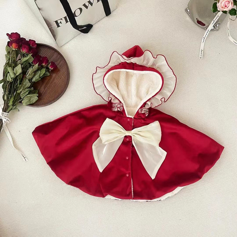 Baby Girl Christmas Bow Tie Thicken Hooded Cloak-kissminis