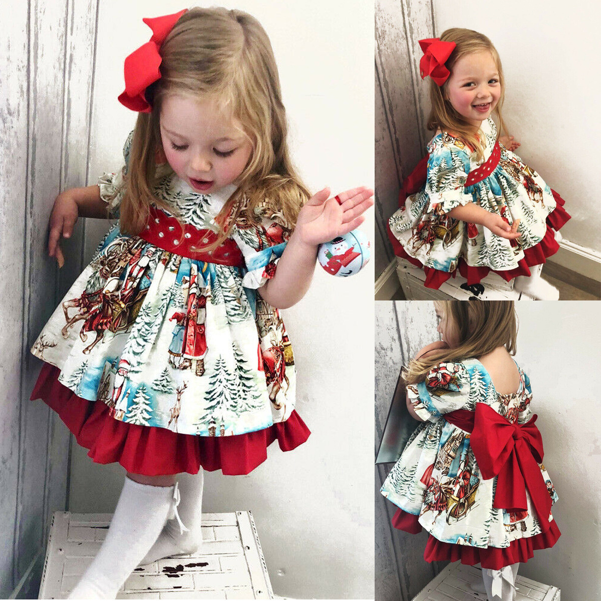 Baby Toddler Girl Christmas Cartoon Print Bowknot Short Sleeve Dress-kissminis