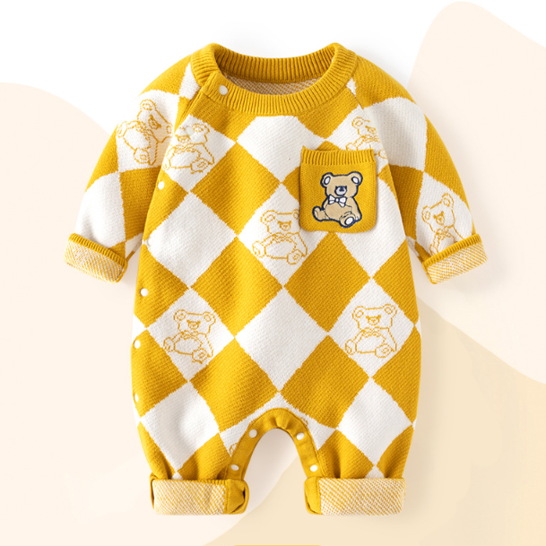 Baby Boy/Girl Allover Cute Bear Pattern Plaid Knitted Long Sleeve Romper-kissminis