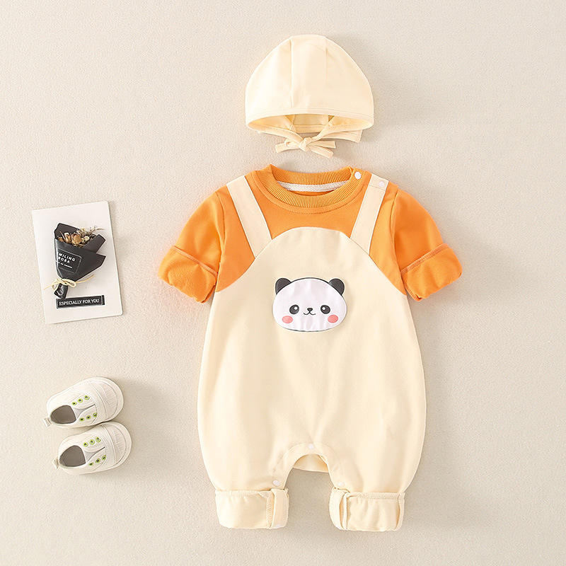 2pcs Baby Girl/Boy Fake Two Pieces Cartoon Panda Print Long Sleeve Romper with Hat Set-kissminis