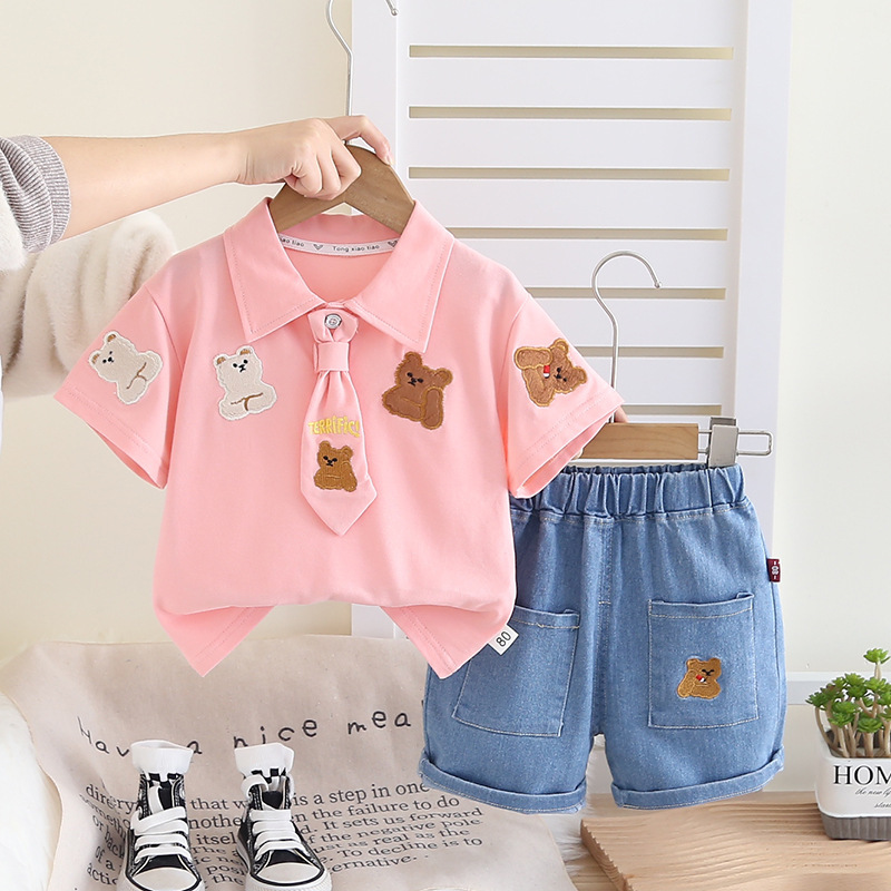 2pcs Bear Embroidery and Tie Detail Denim Shorts Set