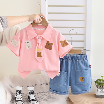 2pcs Bear Embroidery and Tie Detail Denim Shorts Set