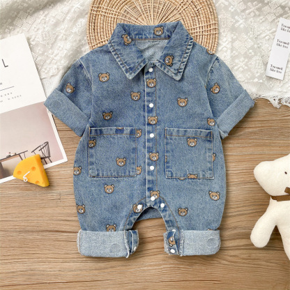 Baby Boy Allover Bear Print Polo Collar Pocket Decor Long Sleeve Botton Up Casual Denim Romper