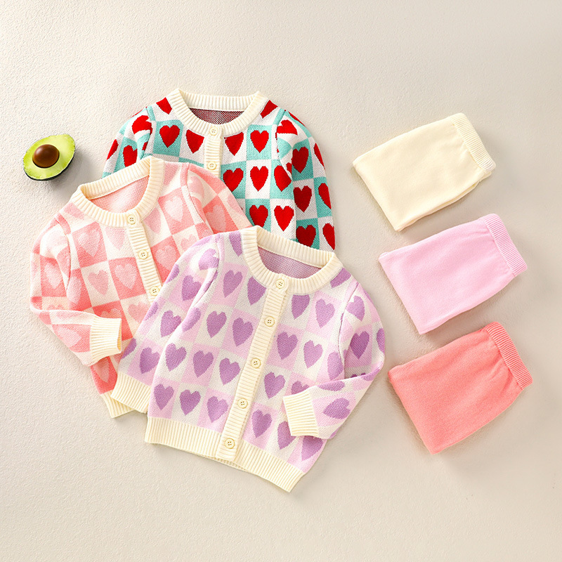 2pcs Baby Toddler Girl Cute Heart Graphic Plaid Knit Tops and Pants Set-kissminis