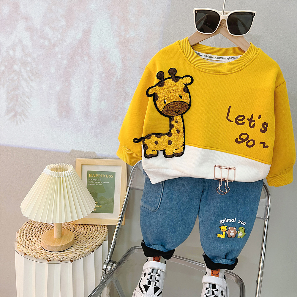 Toddler Boy/Girl Cute Dinosaur/Bear/Giraffe Pattern Solid Color Two-Piece Set-kissminis
