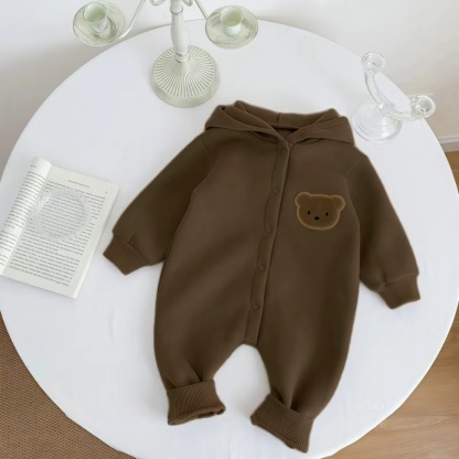 Baby Toddler Boy/Girl Bear Patch Solid Color Long Sleeve Fluff Romper
