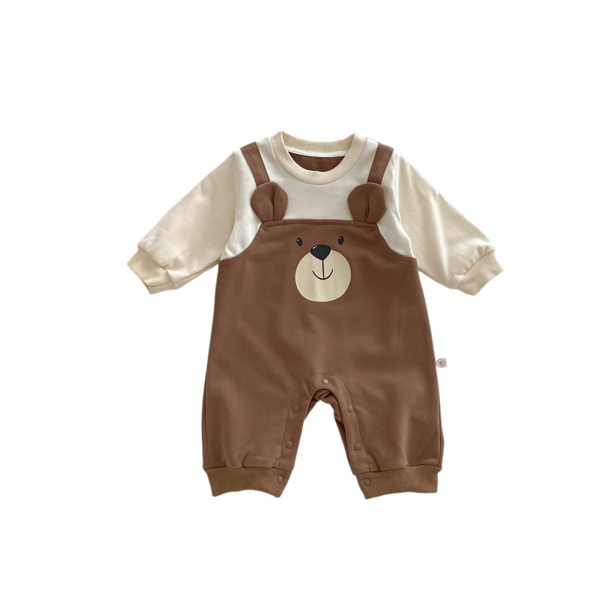 Baby Boy/Girl False Two Piece Bear Print Solid Color Long Sleeve Romper-kissminis