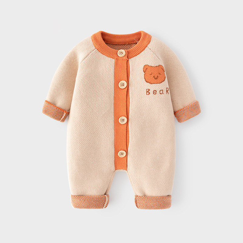 Baby Boy/Girl Cute Bear Pattern Solid Color Knitted Long Sleeve Romper-kissminis