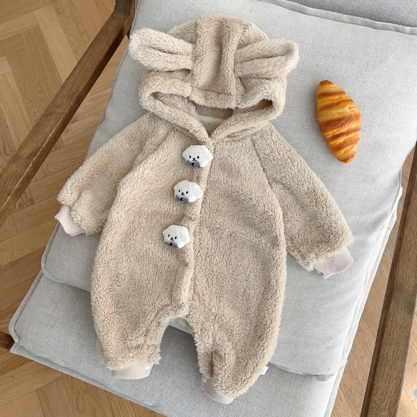 Baby Boy/Girl Ears Design Animal Graphic Solid Color Fleece Long Sleeve Hooded Romper-kissminis