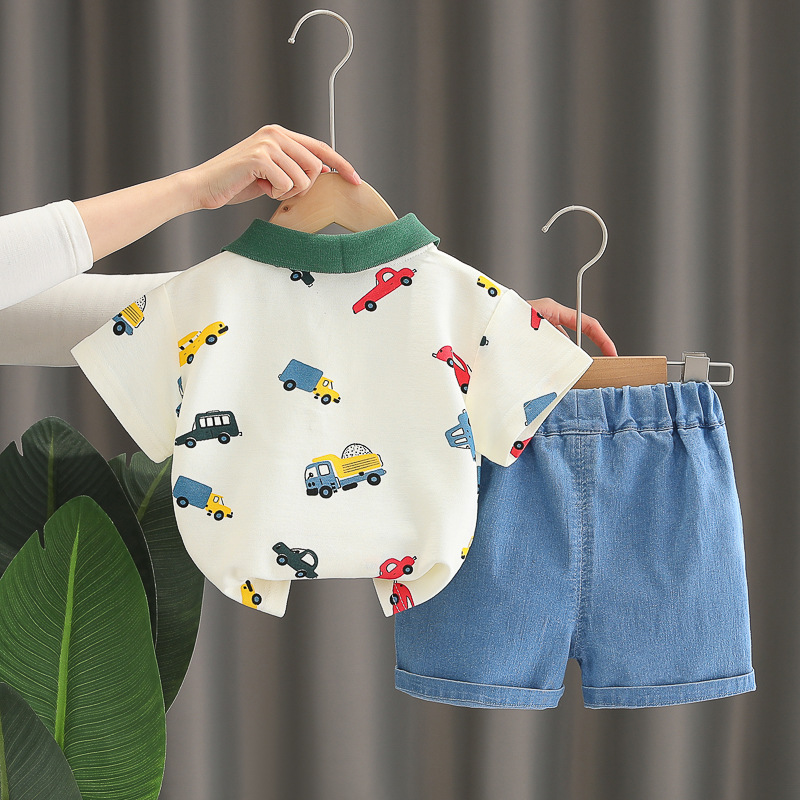 2pcs Vehicle Print Shirt with Green Collar Polo Short Sleeve Shorts Set