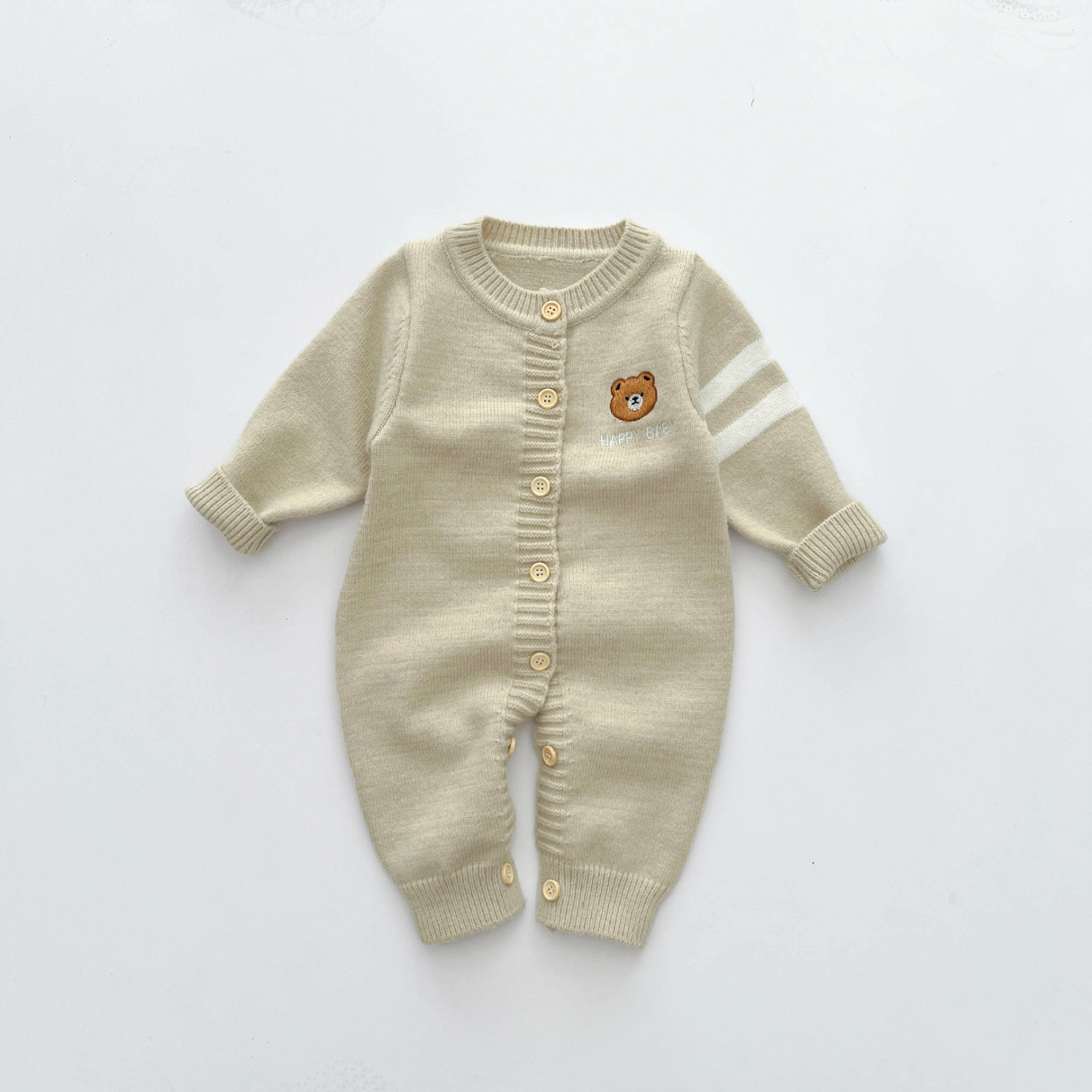 Baby Boy/Girl Bear Graphic Button closure Long Sleeve Knitted Romper-kissminis