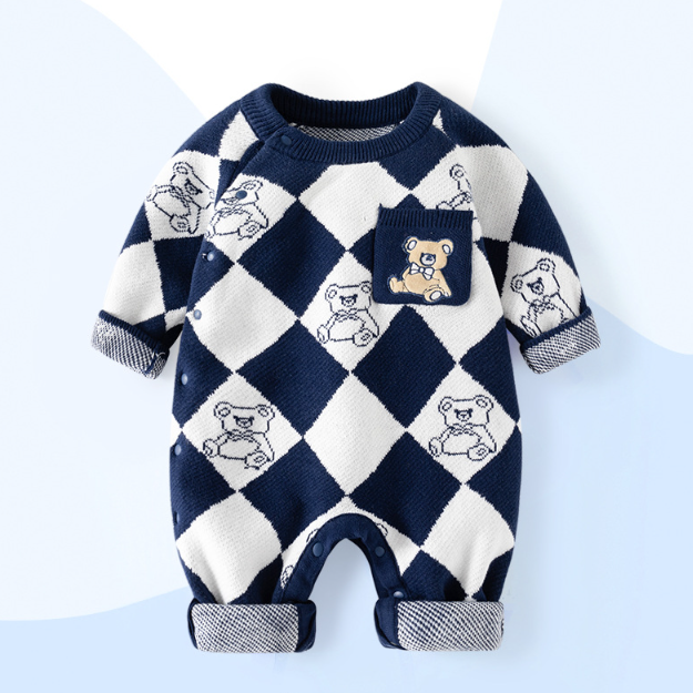 Baby Boy/Girl Allover Cute Bear Pattern Plaid Knitted Long Sleeve Romper-kissminis