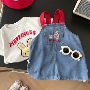 Baby Toddler Girl Block Color Suspender Pocket Embroideried Bear Denim Drress & Casual Large Rabbit Print T-shirt Set