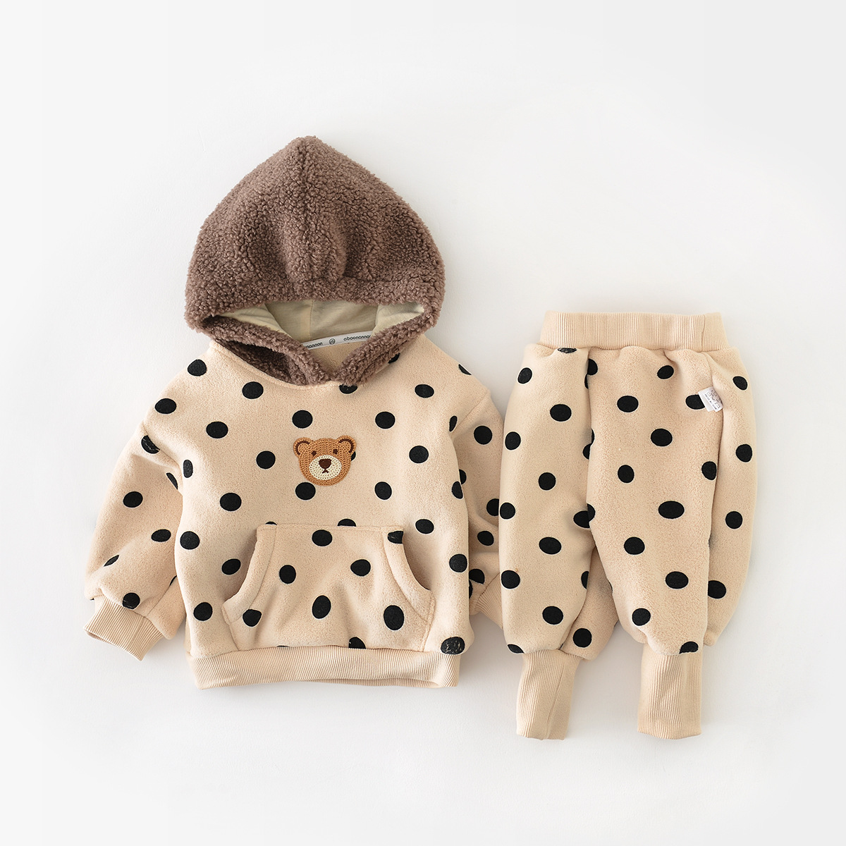 2pcs Baby Boy/Girl Winter Bear and Dots Graphic Long Sleeve Hooded Sweatshirt with Pants Set-kissminis