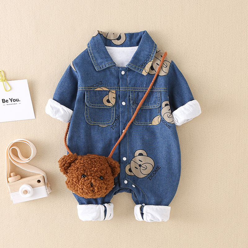Baby Boy/Girl Allover Bear Print Polo Collar Long Sleeve Denim Fashion Romper