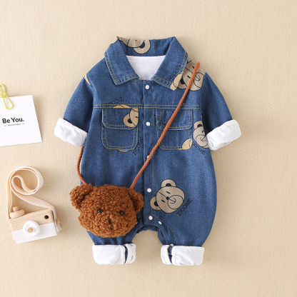Baby Boy/Girl Allover Bear Print Polo Collar Long Sleeve Denim Fashion Romper