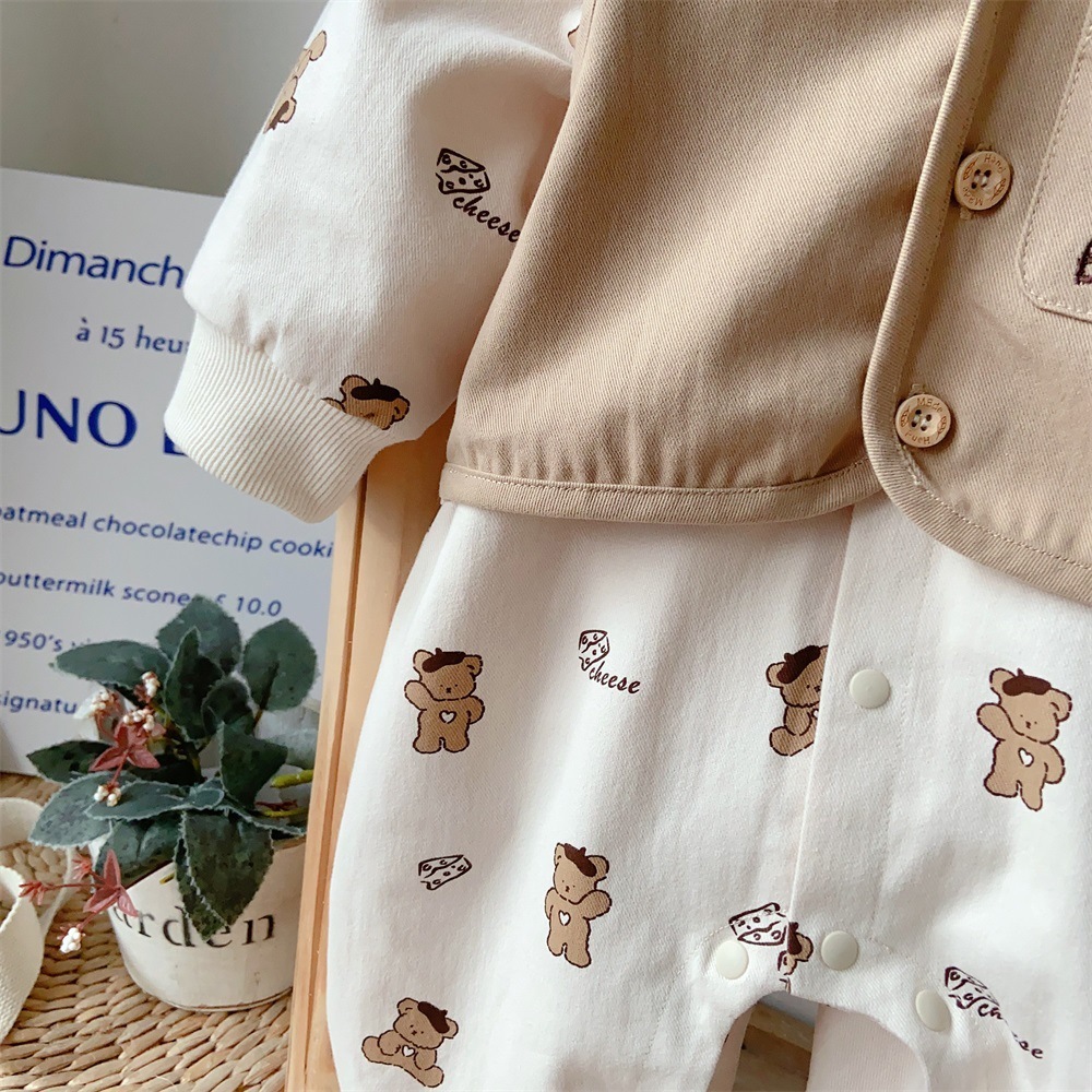 Baby Boy Mock Two-pieces Cartoon Bear Print Long Sleeve Romper-kissminis