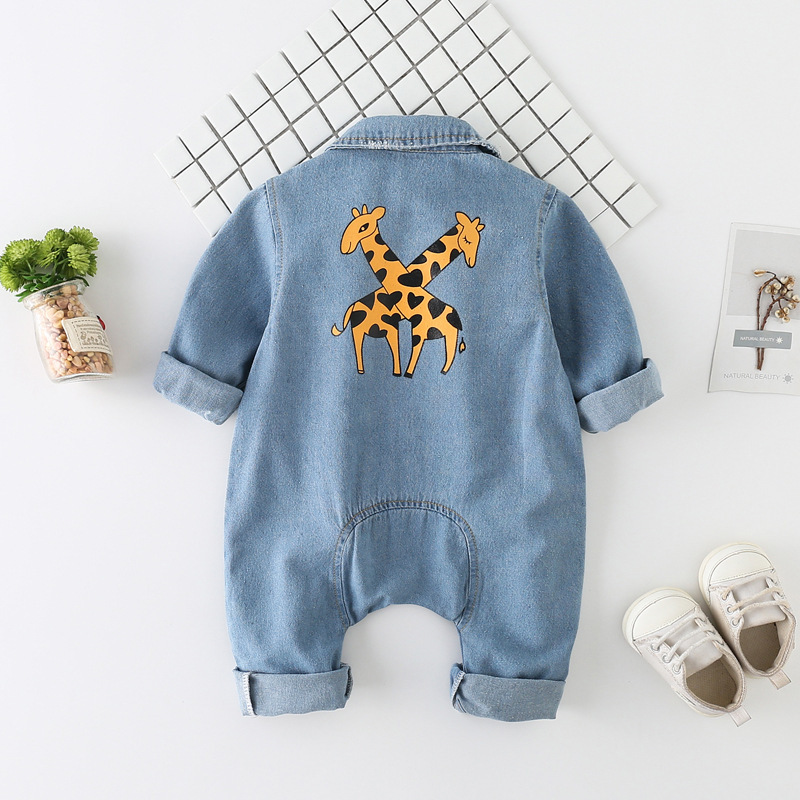 Baby Rainbow and Giraffes graphics Denim Polo Collar Romper-kissminis
