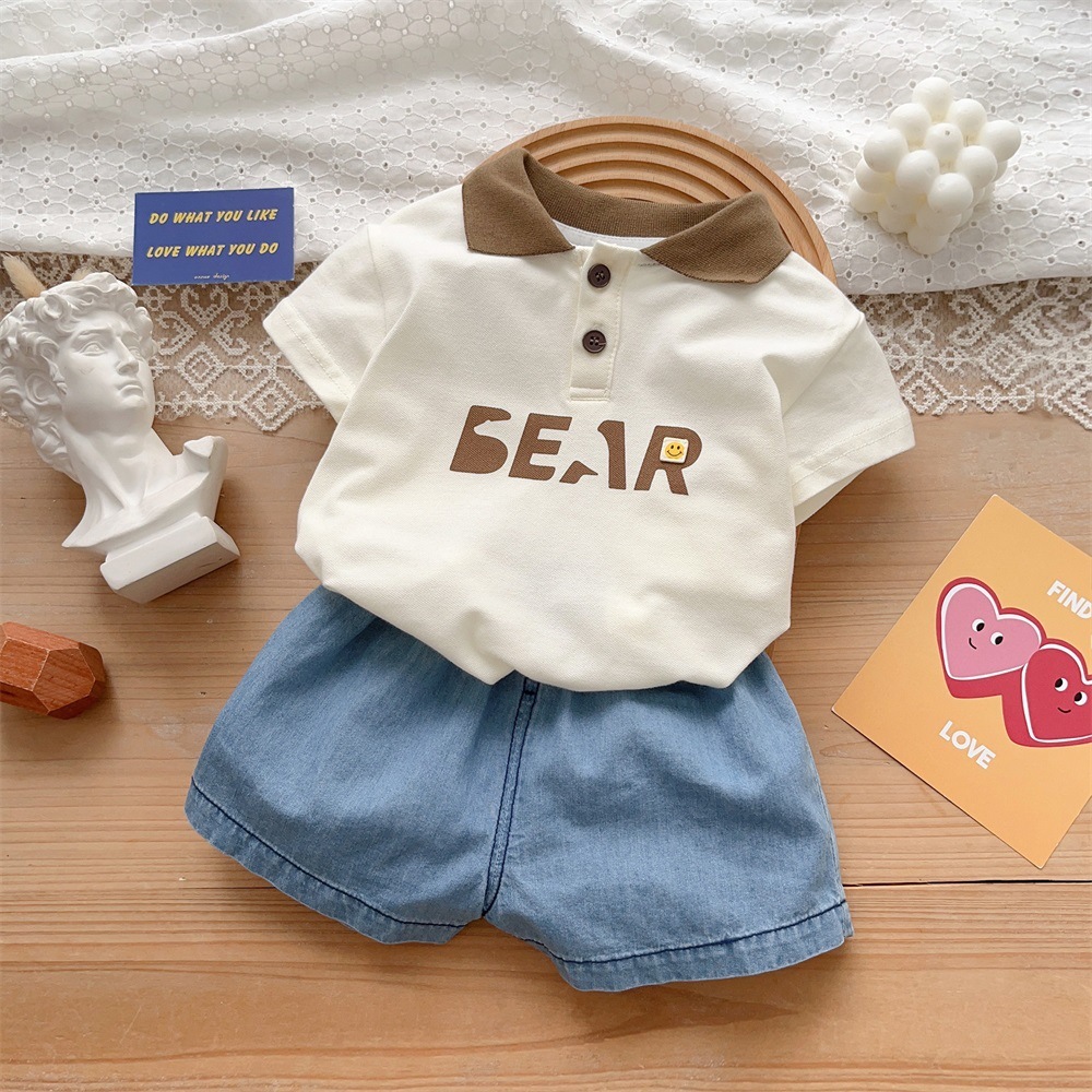 2pcs Baby Boy Bear Print Polo Style T-shirt with Pant Set-kissminis