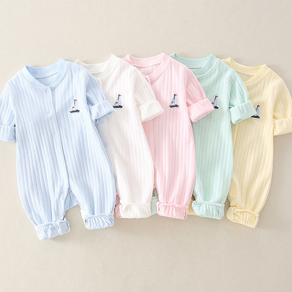 Newborn Baby Boy/Girl Ribbed Sailboat Patch Solid Color Botton Up Long Sleeve Romper