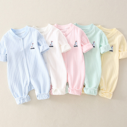 Newborn Baby Boy/Girl Ribbed Sailboat Patch Solid Color Botton Up Long Sleeve Romper