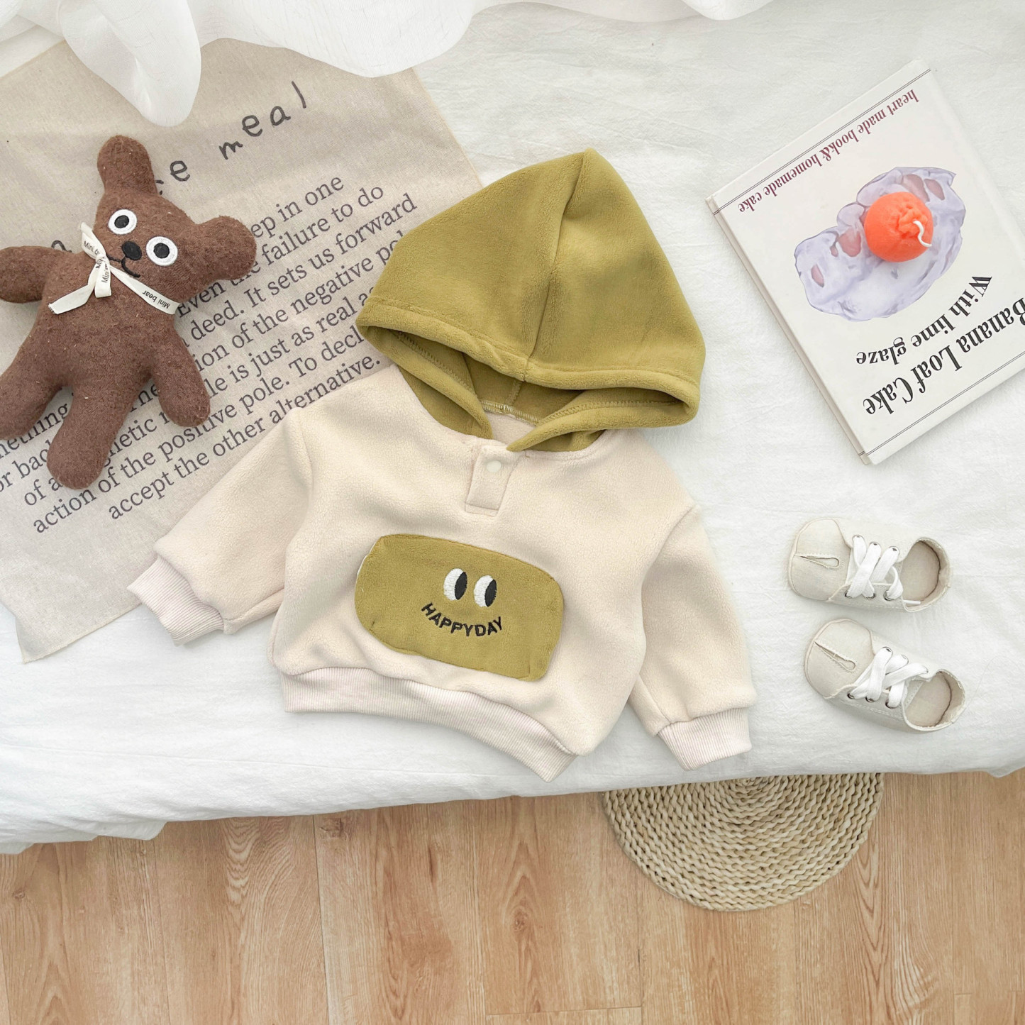 Baby Toddler Boy/Girl Cute Smile Face Design Solid Color Long Sleeve Hooded Sweatshirt-kissminis