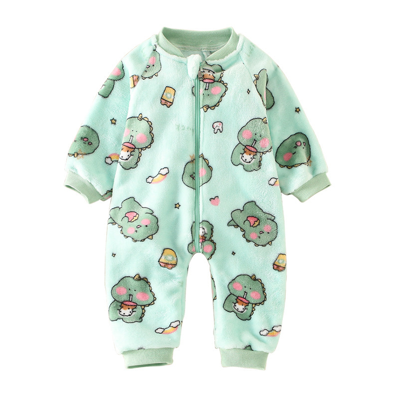 Baby Boy & Girl Dinosaur Graphic Flannel Zippered Long Sleeve Romper-kissminis
