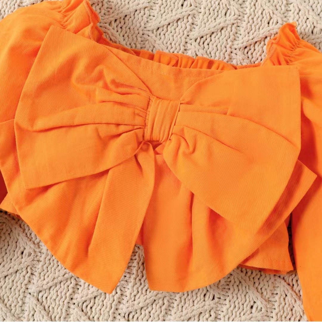 2pcs Baby Girl Hallowen Pumpkin Print Bowknot Long Sleeve Tops and Bell Bottoms Set-kissminis