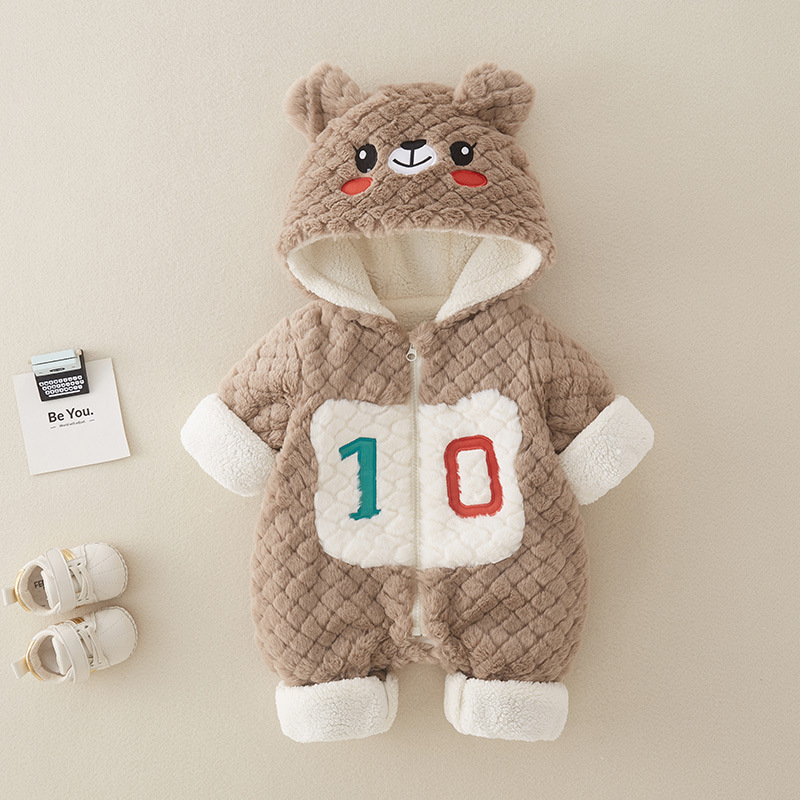 Baby Boy/Girl Winter Thicken Bear Design Number Long Sleeve Fluff Hooded Romper-kissminis