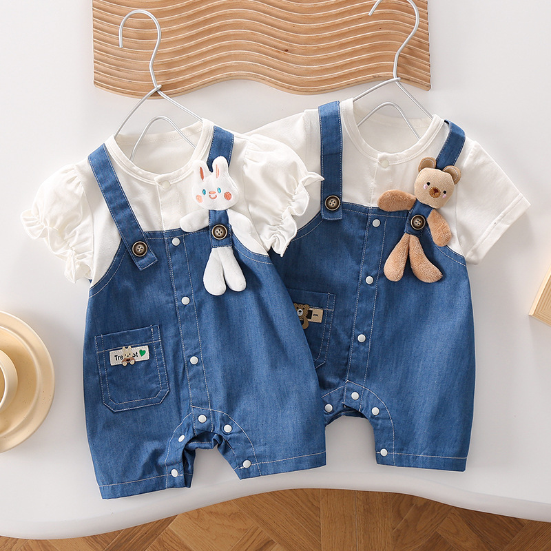 Newborn Baby Ruffle Sleeve Breathable Denim Animal Doll Romper