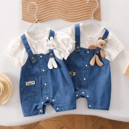 Newborn Baby Ruffle Sleeve Breathable Denim Animal Doll Romper
